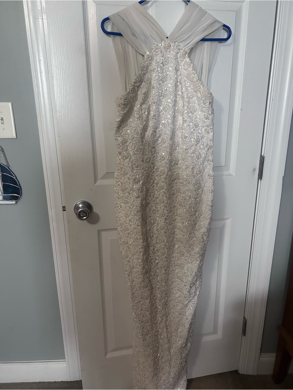 Embellished Ivory/white wedding dress with Crisscross Halter.  train &  cuffs